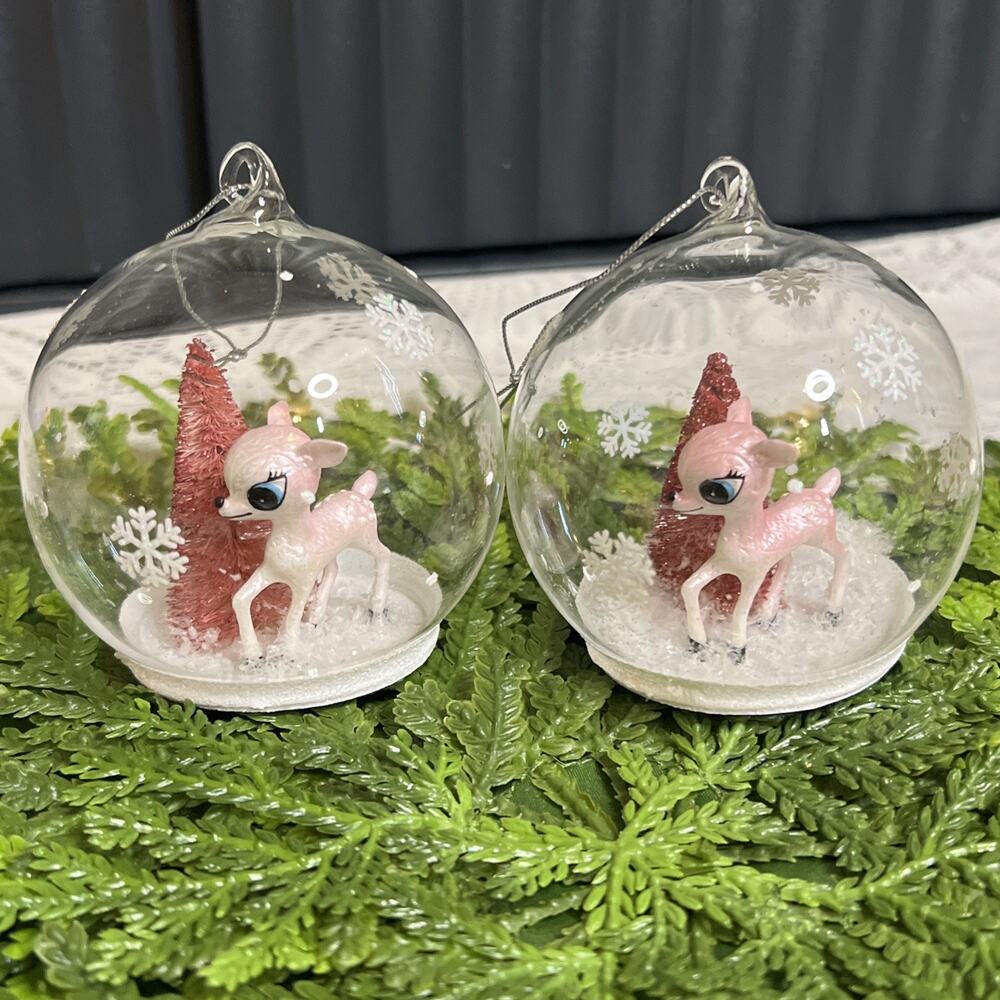 2 Pink Reindeer Glass Ornament Winter Snow Deer Pink Bottle Brush Tree Snowglobe
